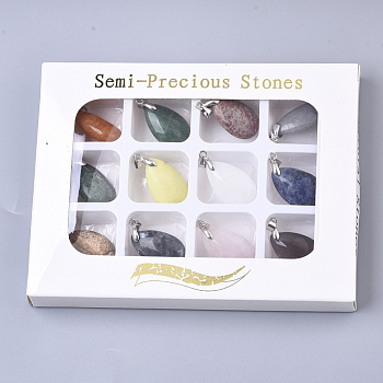 Natural Mixed Stone Pendants, with Platinum Plated Brass Ice Pick Pinch Bails, Teardrop, 24x15x9mm, Hole: 3.5mm, 12pcs/box
