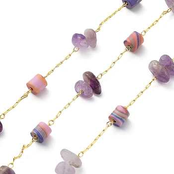 Natural Amethyst Chips & Column Beaded Chains, with Brass Findings, Soldered, with Spool, Real 18K Gold Plated, 4x4mm, 4~9x3~4x2~7mm, about 32.81 Feet(10m)/Roll