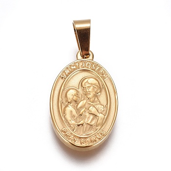 304 Stainless Steel Pendants, Religion Theme, Oval with Saint Joseph, Golden, 23x14x2.5mm, Hole: 4x6mm