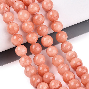Natural Dyed Yellow Jade Gemstone Bead Strands, Round, Dark Salmon, 10mm, Hole: 1mm, about 40pcs/strand, 15.7 inch