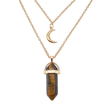 Natural Tiger Eye Cone Pendant Double Layer Necklace, with Moon Charms, 19.69 inch(50cm)