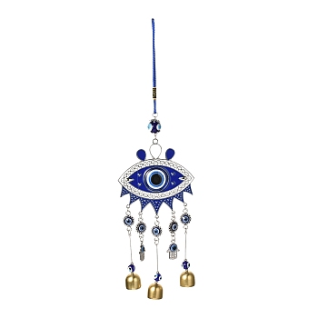 Car Hanging Alloy Enamel Wind Chime, with Resin Beads, Polyester Cord, Iron Bell, Evil Eye with Hamsa Hand, Platinum & Golden, 350mm