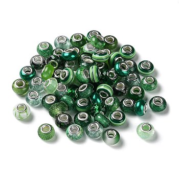 Resin European Beads, with Platinum Plated Brass Core, Rondelle, Green, 13.5x9mm, Hole: 5mm