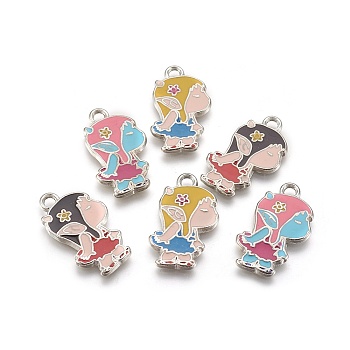 Alloy Enamel Pendants, Lead Free and Cadmium Free, Girl, Platinum Color, Mixed Color, 27x15x2mm, Hole: 3mm