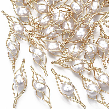 ABS Plastic Imitation Pearl Links Connectors, with Brass Wire Wrapped, Twist, Light Gold, Creamy White, 40x11x11mm, Hole: 1mm