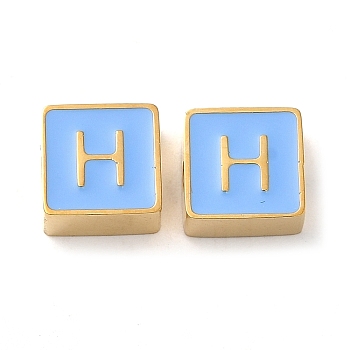 304 Stainless Steel Enamel Beads, Real 14K Gold Plated, Square with Letter, Letter H, 8x8x4mm, Hole: 2mm