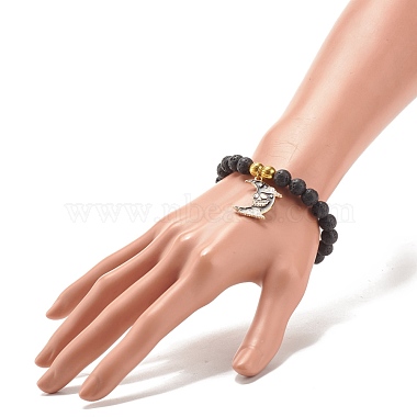 Natural Lava Rock Round Beaded Stretch Bracelet with Halloween Alloy Enamel Charm(BJEW-JB08012)-3
